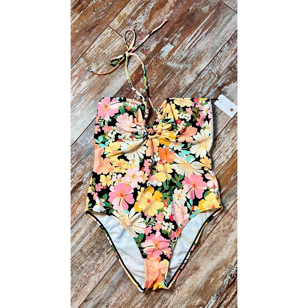 Shade & Shore Floral One Piece‎ Swimsuit Medium Halter Cutout Tie Back NWT